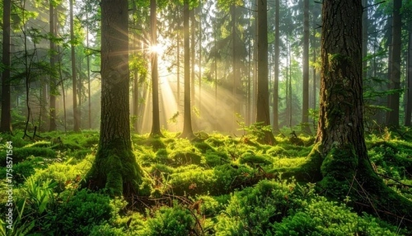 Fototapeta Sunlight filters through green mossy forest trees casting dramatic light beams on the forest floor creating an ethereal misty atmosphere