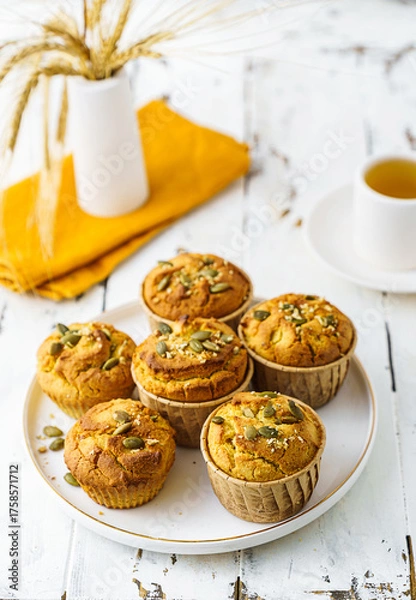 Fototapeta pumpkin muffins on a light background on a plate
