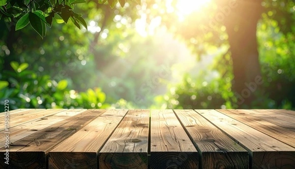 Fototapeta Sunlight Streams Through Lush Green Forest Trees Illuminating Wet Wooden Tabletop Outdoor Nature Scene
