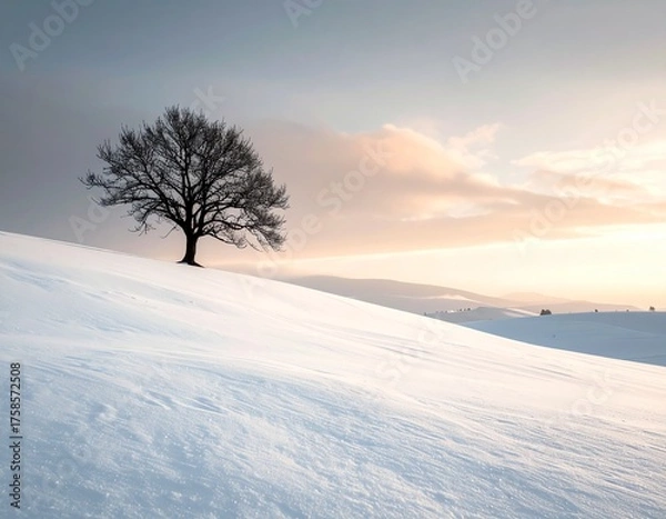 Fototapeta Minimalist winter landscape with lone tree on snow-covered hill under moody sky