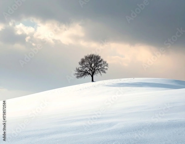 Fototapeta Minimalist winter landscape with lone tree on snow-covered hill under moody sky