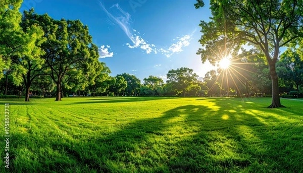 Fototapeta Sunlight Streams Through Lush Green Trees Onto A Verdant Meadow On A Clear Sunny Day With Blue Sky And Fluffy Clouds