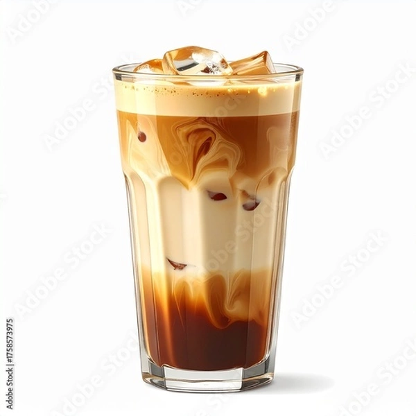 Fototapeta Refreshing Iced Coffee: Creamy Swirls, Dark Espresso, and Ice Cubes in a Tall Glass