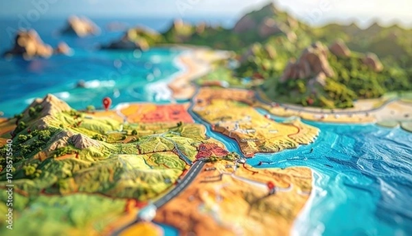 Fototapeta Vibrant Miniature Island Village Scene with Coastal Views and Lush Greenery