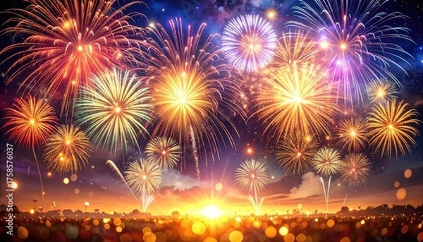 Fototapeta Vibrant multicolored fireworks explode across a twilight sky over a silhouetted city skyline with a bright sunburst and scattered bokeh lights