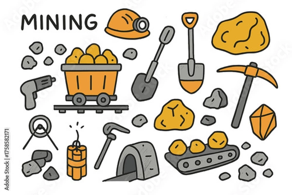 Fototapeta Mining Tools Doodle. Mining. Hand-drawn doodle illustration mining mine cart (accented), shovel, pickaxe (accented), helmet with lamp (accented), gold nugget