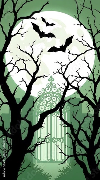 Fototapeta Green Haunted Gate with Bats Under a Full Moon