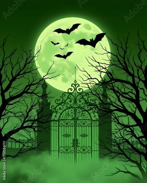 Fototapeta Green Haunted Gate with Bats Under a Full Moon