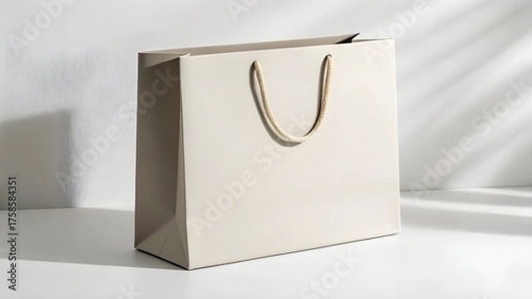 Fototapeta A beige shopping bag with rope handles rests on a white surface with shadow patterns on the wall behind it.