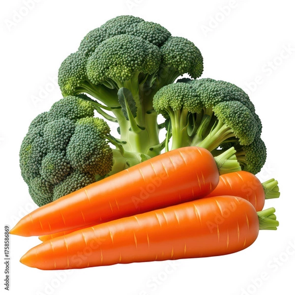 Fototapeta Fresh green broccoli and orange carrots arranged vegetable food