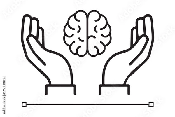 Fototapeta Line art illustration of two open hands cradling a stylized human brain isolated on white background
