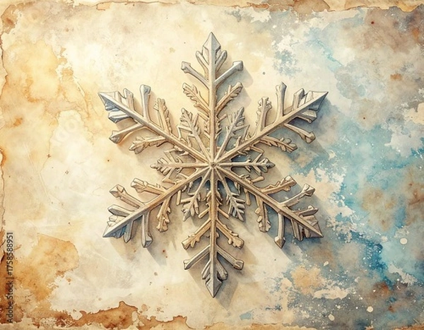 Fototapeta Vintage snowflake illustration on aged paper background, rustic winter design texture