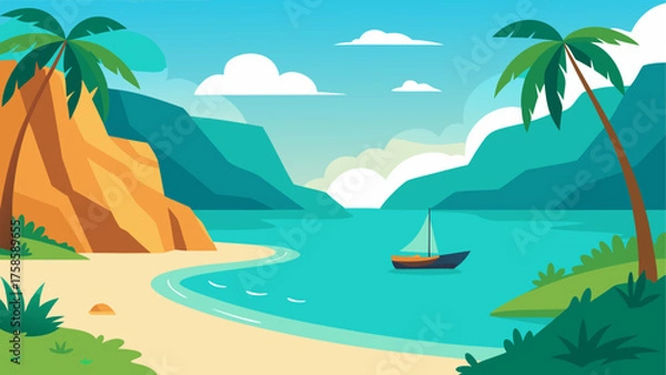Obraz Serene tropical beach scene with sailboat and mountains