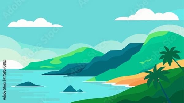 Fototapeta Serene tropical island landscape with lush green mountains and palm trees