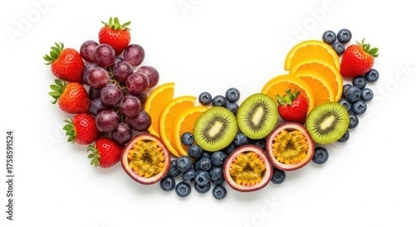 Fototapeta A vibrant assortment of fresh fruits arranged in a semi circle isolated on white background