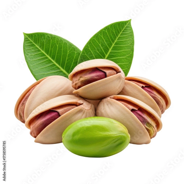 Fototapeta Pile of shelled and unshelled pistachios with green leaves nuts food
