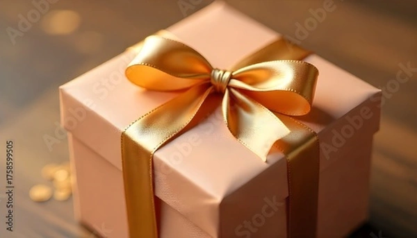 Fototapeta Luxurious golden gift box with shiny satin ribbon and elegant textured wrapping.