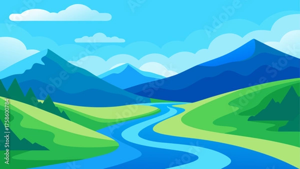 Fototapeta Vibrant mountain landscape with winding river and cloudy sky