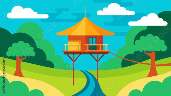 Fototapeta Vibrant flat illustration of a treehouse in a lush green landscape