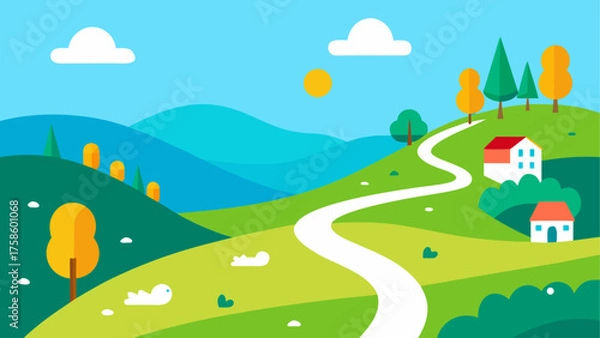 Fototapeta Stylized landscape with winding path and houses