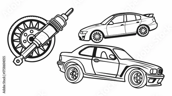 Fototapeta Vector art of outlined car parts and vehicles a detailed illustration showcasing a shock absorber, a coupe, and a sedan, all rendered in a clean, minimalist style