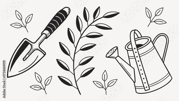 Fototapeta Illustration of a trowel, branch, and watering can, symbolizing gardening, nature, and plant care, perfect for botanical and environmental designs