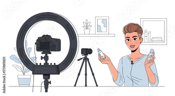Obraz Vector illustration of beauty influencer filming skincare review at home studio with ring light and camera