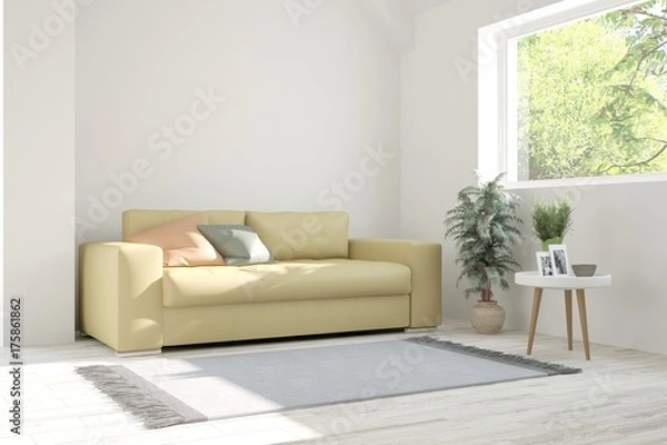 Fototapeta Idea of white minimalist room with sofa. Scandinavian interior design. 3D illustration
