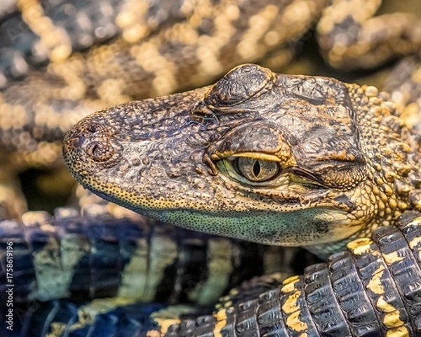 Fototapeta A detailed close-up stock photo of a baby alligator resting near the water’s edge. The reptile’s textured skin, sharp eyes, and tiny teeth are clearly visible, capturing the fascinating features.