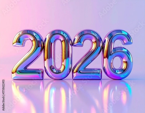 Fototapeta Futuristic chrome 2026 typography in iridescent gradient colors, minimal modern new year concept