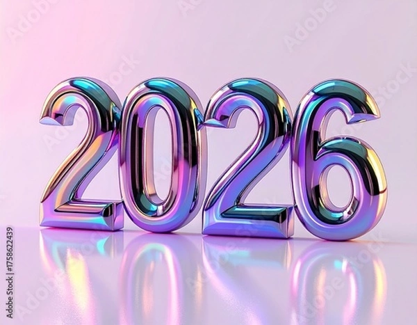 Fototapeta Futuristic chrome 2026 typography in iridescent gradient colors, minimal modern new year concept