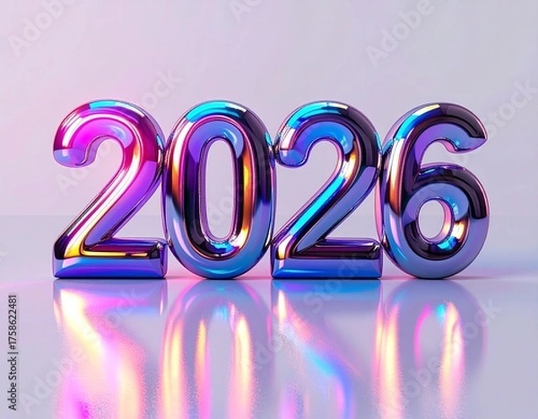 Fototapeta Futuristic chrome 2026 typography in iridescent gradient colors, minimal modern new year concept