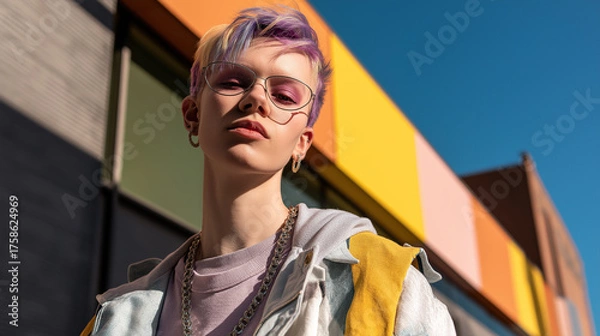 Obraz Vibrant realistic non-binary individual with stylish hair expressing confidence – inclusive beauty portrait celebrating gender diversity and creativity