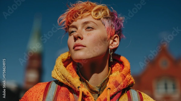 Obraz Vibrant realistic non-binary individual with stylish hair expressing confidence – inclusive beauty portrait celebrating gender diversity and creativity