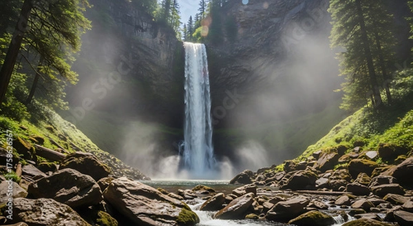 Fototapeta Powerful Waterfall Plunging into a Rocky Gorge Amidst Lush Green Forest