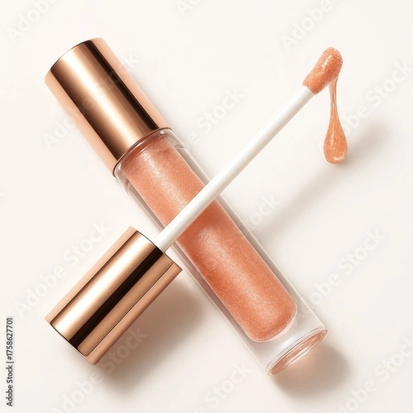 Fototapeta Close up of elegant rose gold shimmery lip gloss with a drop. Beauty product.