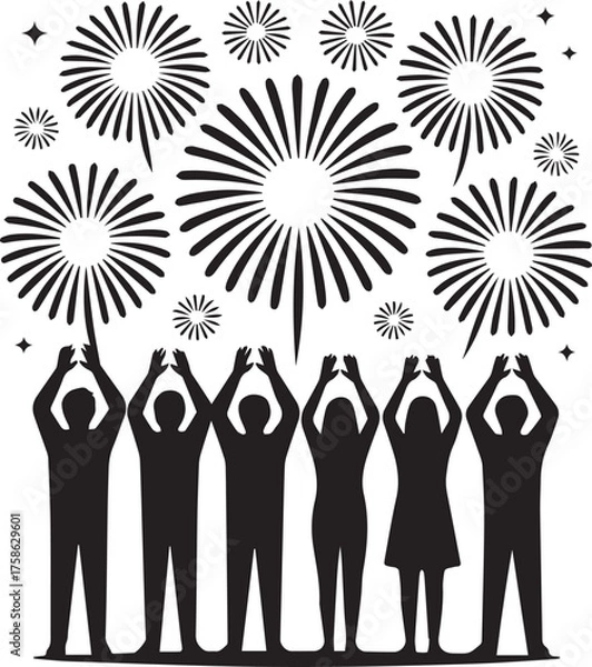 Fototapeta Celebration silhouette of people cheering at fireworks display for new year's eve party