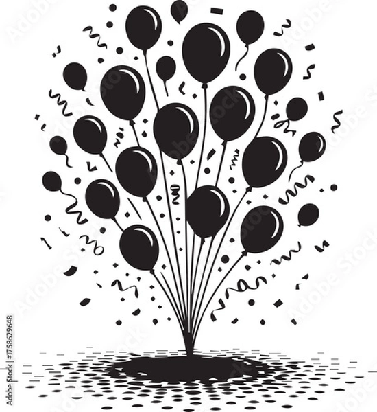 Fototapeta New year celebration balloons confetti and streamers bursting upwards silhouette design