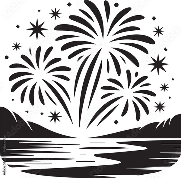 Obraz Festive new year fireworks silhouette over reflective water and hills celebration