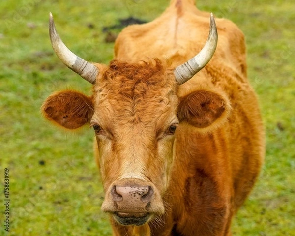 Fototapeta A detailed photo of an Aubrac cow, captured in closeup to showcase its distinctive features. Originally from France, Aubrac cattle have been introduced across the USA, including Florida.