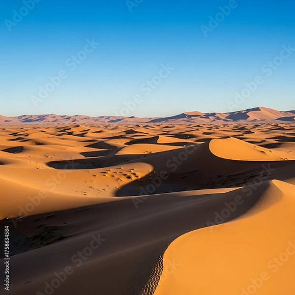 Fototapeta Golden Sand Dunes and Blue Sky in a Vast Desert Landscape