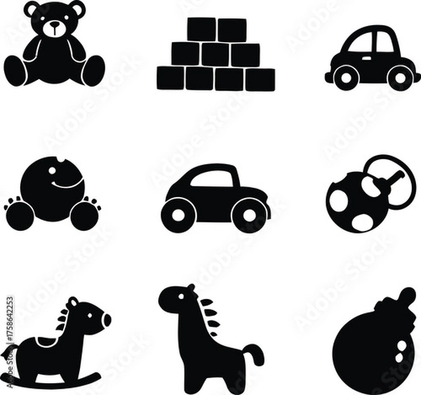 Obraz A collection of nine black and white vector icons of different baby and toddler toys and related items