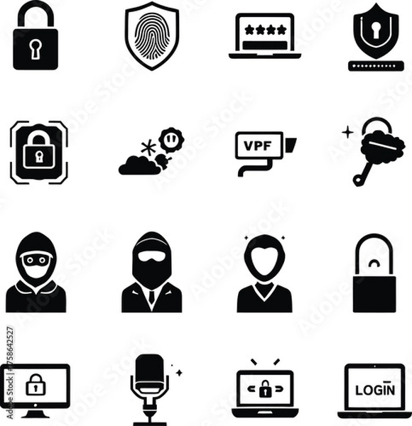 Obraz A collection of sixteen black and white security and privacy icons on a white background in a grid format
