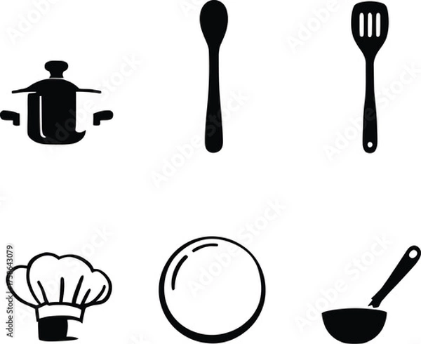 Obraz A simple black and white illustration of kitchen utensils and a chef's hat on a white background