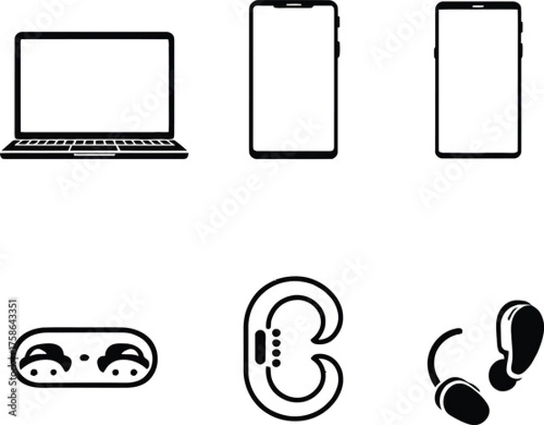 Obraz A collection of electronic devices including a laptop phones and three different sets of earbuds