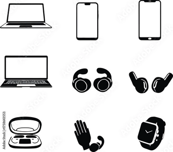 Obraz Black and white vector illustration of electronic devices and accessories on a white background