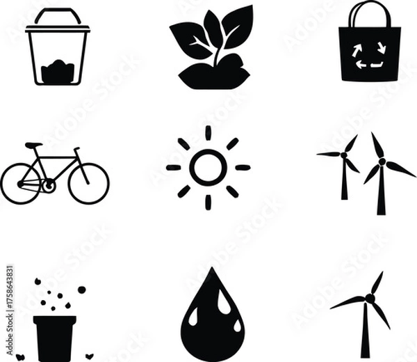 Obraz Illustration of ecology icons including a bicycle plants sun windmills water and recycling symbols