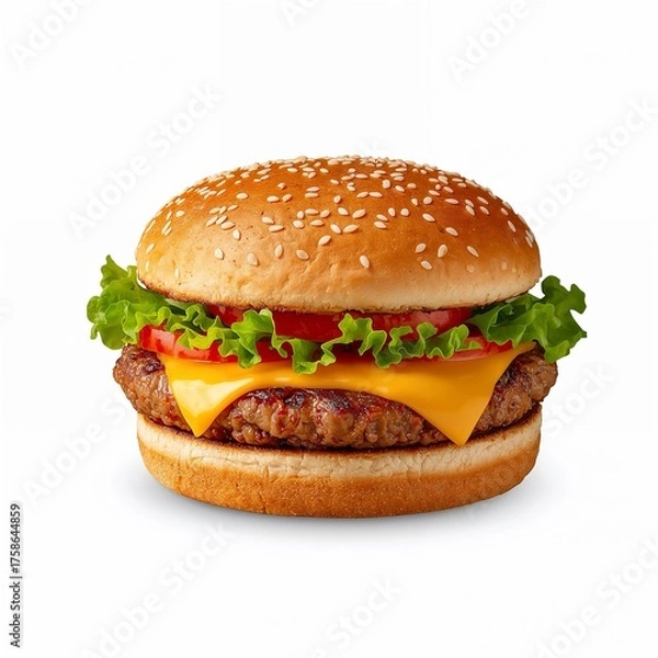 Fototapeta Juicy cheeseburger with lettuce, tomato, and sesame bun, isolated on white background.