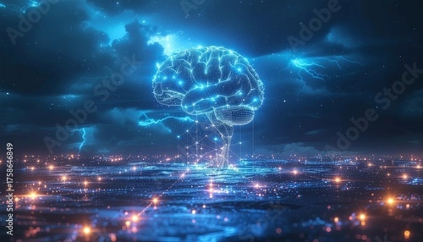 Obraz Futuristic Neural Network Concept with Glowing Brain and Lights