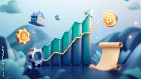 Fototapeta Cryptocurrency Growth Chart with Bitcoin Symbols and Graphical Elements